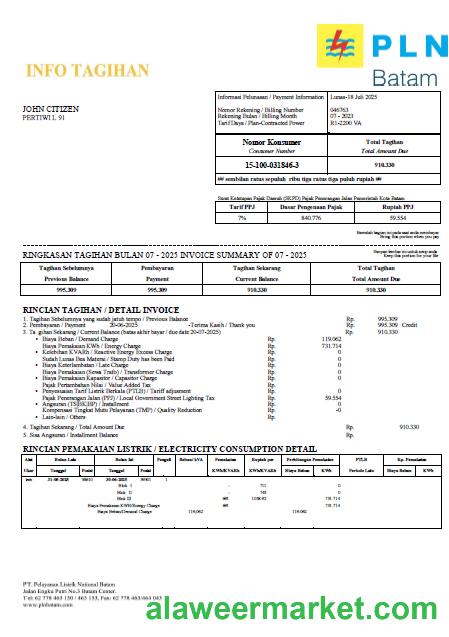 Indonesia PLN Batam utility bill template in Word and PDF formats